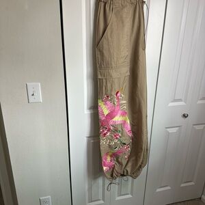 Nasty Gal Beige Wide Leg Pants with Pink Floral Design